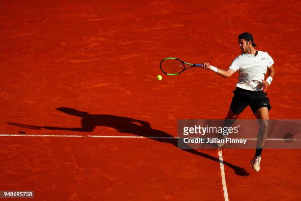 Karen Khachanov of Russia in action against Rafael Nadal of Spain during the mens singles 3rd round match on day five of the Rolex Monte-Carlo...