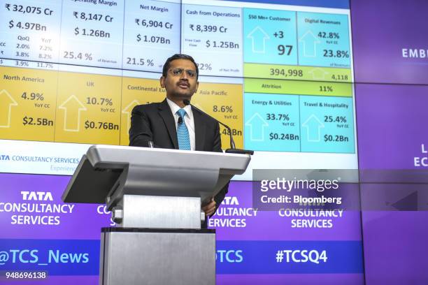 Rajesh Gopinathan, chief executive officer and managing director of Tata Consultancy Services Ltd., speaks during a news conference in Mumbai, India,...