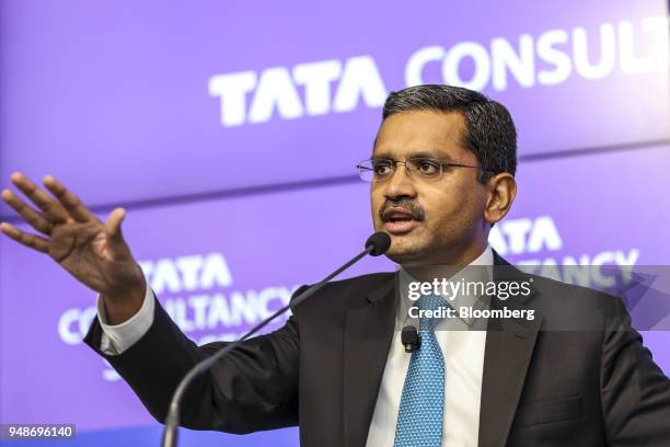 Rajesh Gopinathan, chief executive officer and managing director of Tata Consultancy Services Ltd., speaks during a news conference in Mumbai, India,...