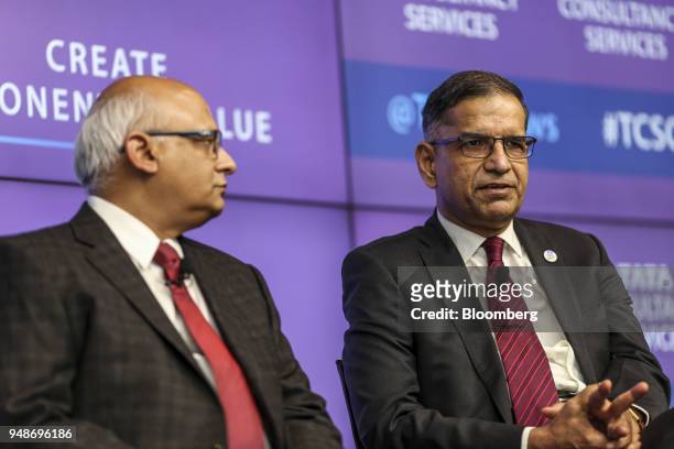 Ramakrishna, chief financial officer of Tata Consultancy Services Ltd., right, speaks, as N Ganapathy Subramaniam, chief operating officer and...