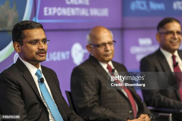 Rajesh Gopinathan, chief executive officer and managing director of Tata Consultancy Services Ltd., speaks alongside N Ganapathy Subramaniam, chief...