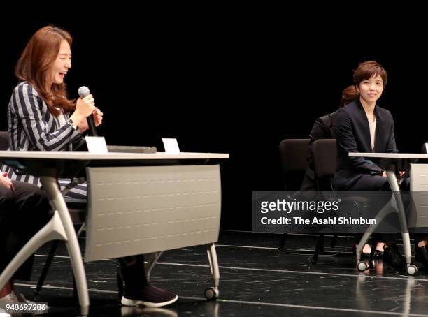 Speed skaters Nao Kodaira of Japan and Lee Sang-hwa of South Korea attend a talk show at Korean Cultural Center on April 19, 2018 in Tokyo, Japan.