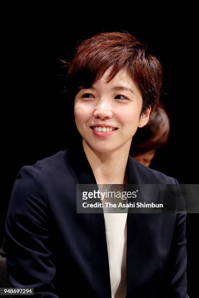 Speed skater Nao Kodaira of Japan attends the talk session with Lee Sang-hwa of South Korea at Korean Cultural Center on April 19, 2018 in Tokyo,...