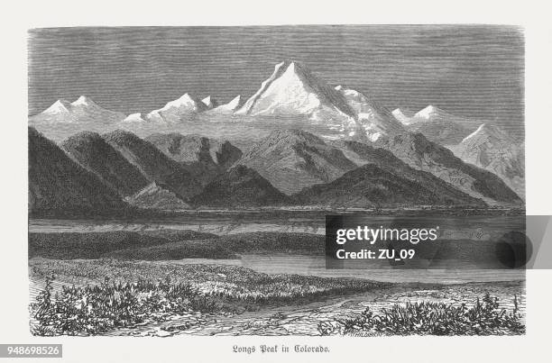 longs peak in colorado, usa, wood engraving, published in 1868 - front range mountain range stock illustrations