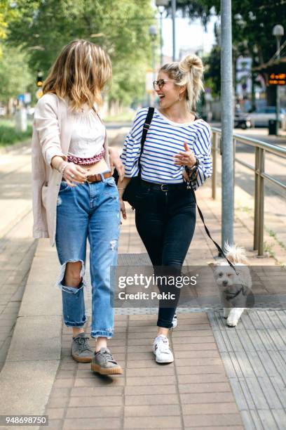 gelukkig jonge vrouwen plezier op straat - happy lady walking dog stockfoto's en -beelden