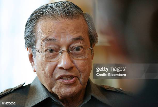 Mahathir Mohamad, Malaysia's former prime minister, speaks during an interview at his office, in Putrajaya, Malaysia, on Wednesday, Oct. 22, 2008....