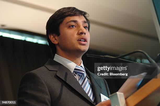 Aditya Mittal, group financial officer of Mittal Steel Co., speaks at a press conference in the Pavilion Gabriel in Paris on Monday, January 30,...