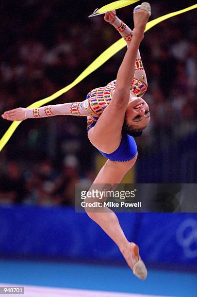 Alina Kabaeva of Russia on her way to Bronze in the Womens Rhythmic Gymnastics Final at Pavilion 3 on Day 16 of the Sydney 2000 Olympic Games in...