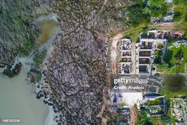An aerial view of Andriake Ancient City and its surroundings are seen in Antalya, Turkey on April 12, 2018. Lycian way is approximately 540 km long...