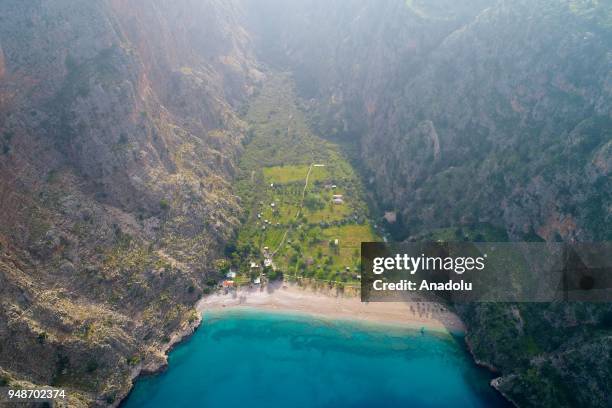 An aerial view of Butterfly Valley and its surroundings are seen on the route of Lycian Way in Fethiye district of Mugla, Turkey on April 12, 2018....
