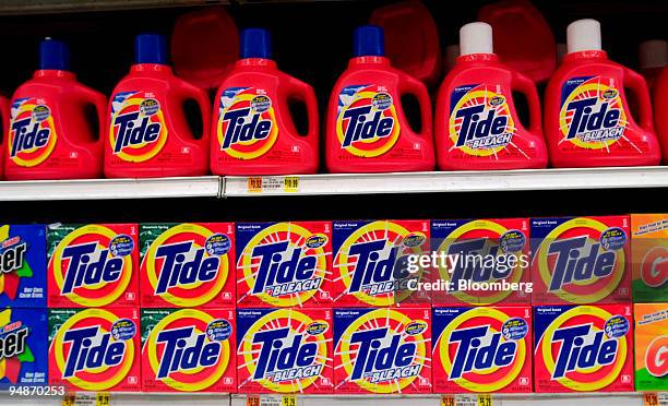 Tide laundry detergent sits on display in an Associated Supermarket on October 27, 2004. Procter & Gamble Co., the biggest U.S. Household-goods...