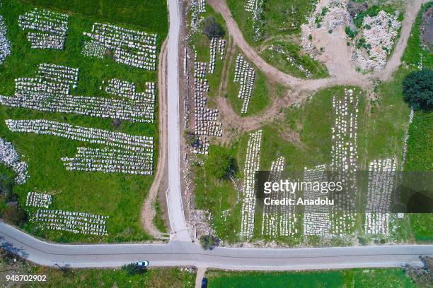 An aerial view of Xanthos Ancient City and its surroundings are seen on the route of Lycian Way in Antalya, Turkey on April 12, 2018. Lycian way is...