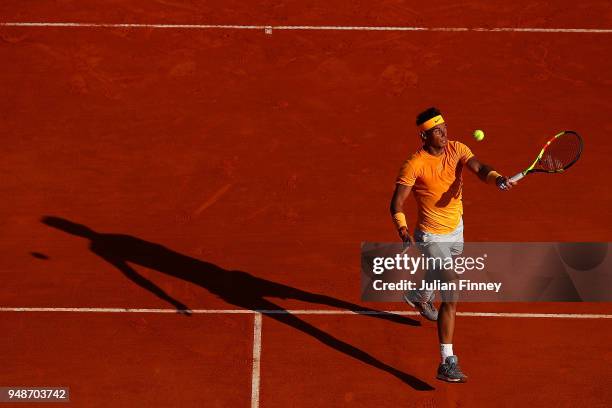 Rafael Nadal of Spain in action against Karen Khachanov of Russia during the mens singles 3rd round match on day five of the Rolex Monte-Carlo...