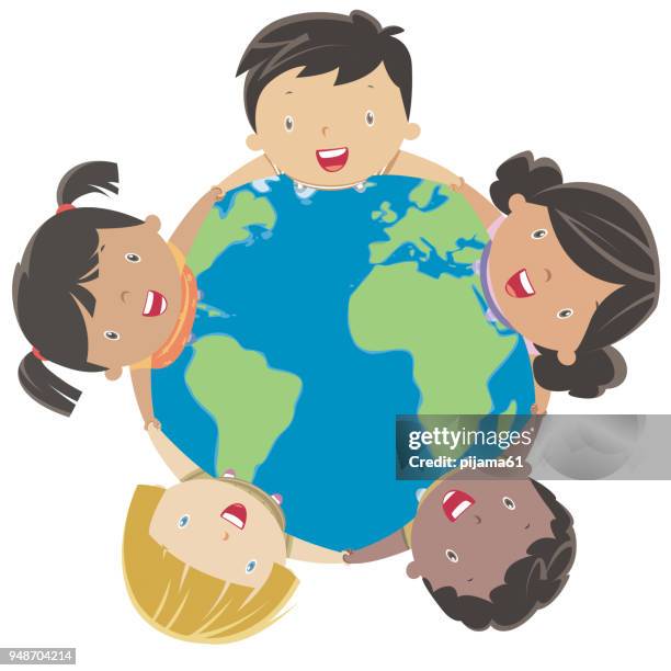 happy multi ethnic kids around the earth. - people holding hands around globe stock illustrations