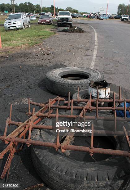 Spikes are used at a roadblock by protesting farmers in Rojas, 160 miles from Buenos Aires, Argentina, on Friday, March 28, 2008. Argentine officials...