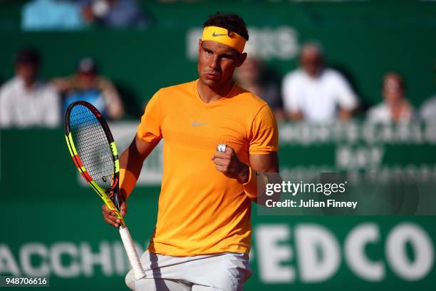 Rafael Nadal of Spain reacts to beating Karen Khachanov of Russia during the mens singles 3rd round match on day five of the Rolex Monte-Carlo...