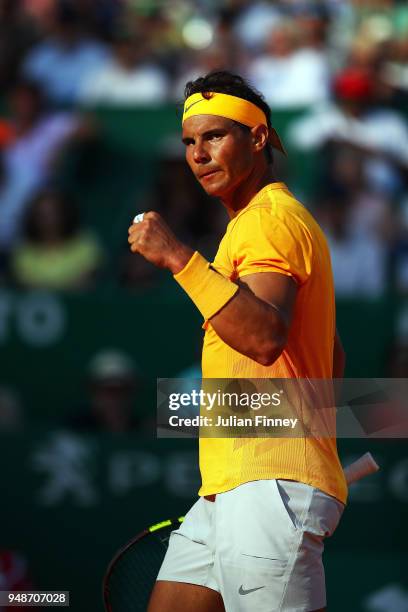 Rafael Nadal of Spain reacts to beating Karen Khachanov of Russia during the mens singles 3rd round match on day five of the Rolex Monte-Carlo...