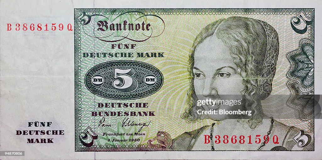 A five Deutsche Mark bill, the former currency of Germany, i