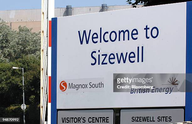 The main entrance sign for the Sizewell nuclear power plants, A and B, owned by British Energy sits at the gate in Sizewell, Suffolk, U.K., on...
