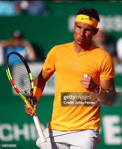 Rafael Nadal of Spain reacts to beating Karen Khachanov of Russia during the mens singles 3rd round match on day five of the Rolex Monte-Carlo...