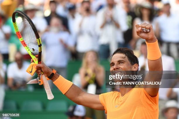 Spain's Rafael Nadal celebrates after winning his men's singles tennis match against Russia's Karen Khachanov at the Monte-Carlo ATP Masters Series...