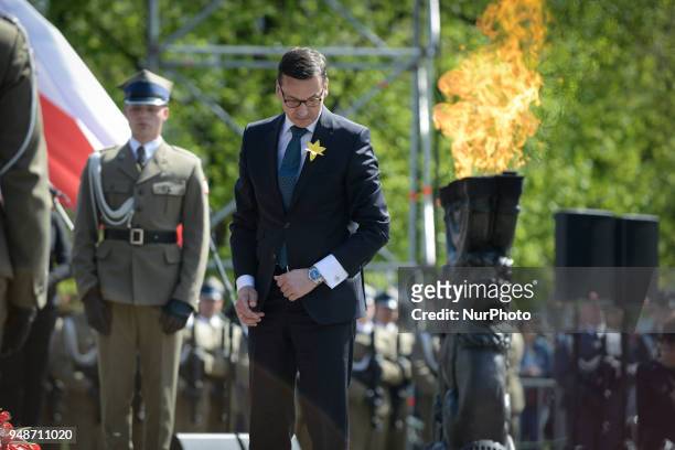 Prime Minister of Poland Mateusz Morawiecki is seen attending the 75th anniversary of the Warsaw Ghetto Uprising at the Ghetto Heroes Monument on...