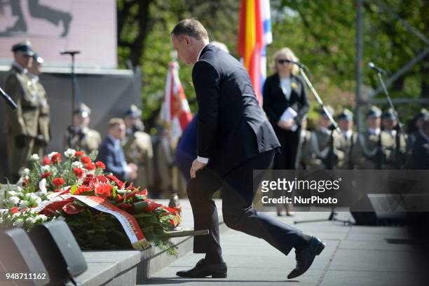 Polish president Andrzej Duda is seen attending the 75th anniversary of the Warsaw Ghetto Uprising at the Ghetto Heroes Monument on April 19, 2018 in...