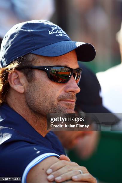 Coach Carlos Moya watches Rafael Nadal of Spain play Karen Khachanov of Russia during the mens singles 3rd round match on day five of the Rolex...