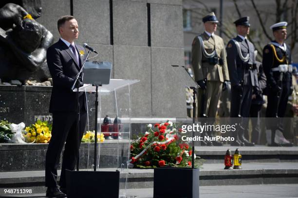 Polish president Andrzej Duda is seen attending the 75th anniversary of the Warsaw Ghetto Uprising at the Ghetto Heroes Monument on April 19, 2018 in...