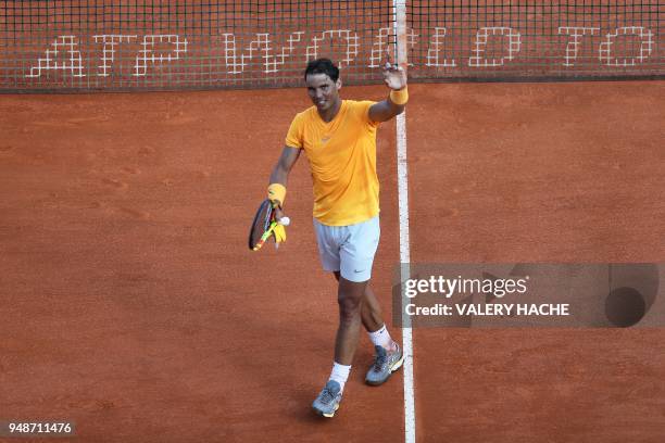 Spain's Rafael Nadal celebrates after winning his men's single tennis match against Russia's Karen Khachanov at the Monte-Carlo ATP Masters Series...