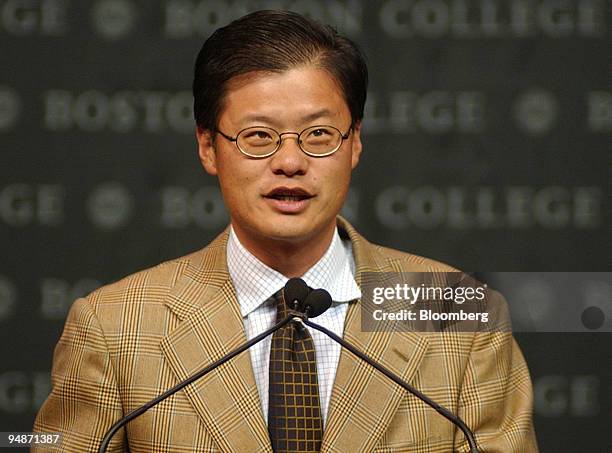 Yahoo co-founder and Chief Yahoo Jerry Yang speaks on the Internet economy at the Boston College Finance Conference in Boston Friday March 12, 2004.