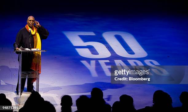 Judith Jamison, artistic director of the Alvin Ailey American Dance Theater, speaks during the theater's 50th anniversary celebration at the Joan...