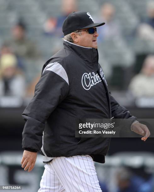 Pitching Coach Don Cooper of the Chicago White Sox looks on after making a visit to the pitchers mound during the game against the Tampa Bay Rays on...