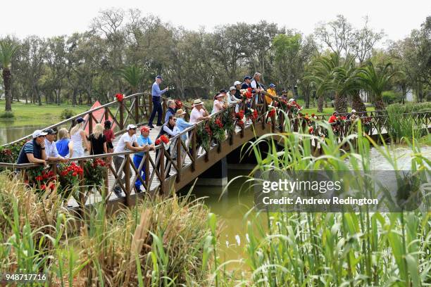 Spectators watch on the bridge on the 9th hole during Day One of the Trophee Hassan II at Royal Golf Dar Es Salam on April 19, 2018 in Rabat, Morocco.