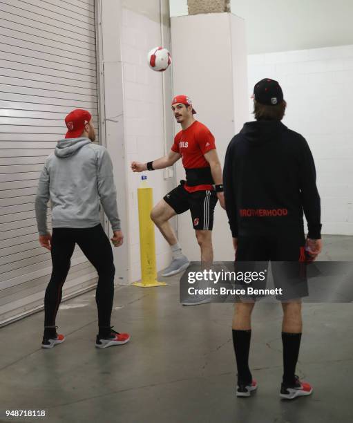 Brian Boyle of the New Jersey Devils warms up prior to the game agaianst the Tampa Bay Lightning in Game Four of the Eastern Conference First Round...