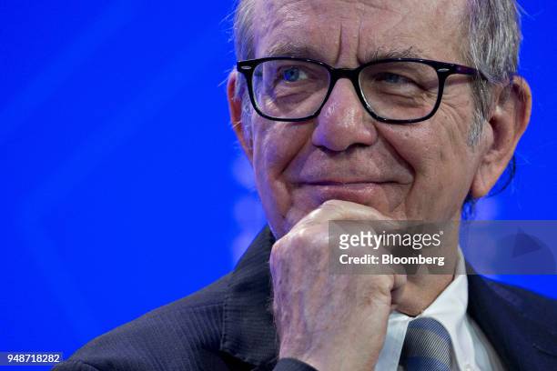 Pier Carlo Padoan, Italy's finance minister, listens at a panel discussion during the spring meetings of the International Monetary Fund and World...