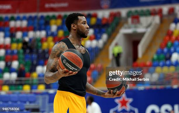 Thomas Robinson, #0 of Khimki Moscow Region before the Turkish Airlines Euroleague Play Offs Game 2 between CSKA Moscow v Khimki Moscow Region at...