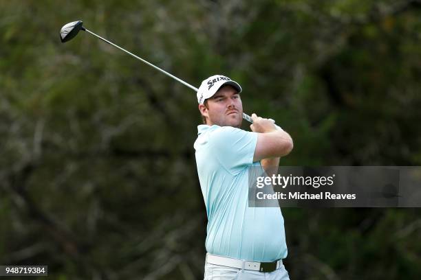Grayson Murray plays his shot from the fifth tee during the first round of the Valero Texas Open at TPC San Antonio AT&T Oaks Course on April 19,...
