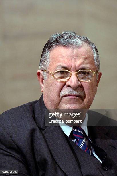 Jalal Talabani, president of Iraq, poses during his visit to the Radio Free Europe/Radio Liberty headquarters in Prague, Czech Republic on October 5,...