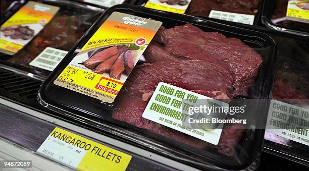 Packages of filleted kangaroo meat are for sale at a supermarket in Sydney, Australia, on Tuesday, Oct. 14, 2008. The kangaroo epitomizes Australia,...