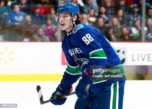 Adam Gaudette of the Vancouver Canucks skates up ice during their NHL game against the Arizona Coyotes at Rogers Arena April 5, 2018 in Vancouver,...