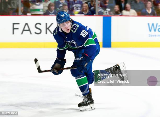 Adam Gaudette of the Vancouver Canucks skates up ice during their NHL game against the Arizona Coyotes at Rogers Arena April 5, 2018 in Vancouver,...