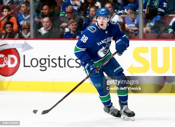 Adam Gaudette of the Vancouver Canucks skates up ice during their NHL game against the Arizona Coyotes at Rogers Arena April 5, 2018 in Vancouver,...