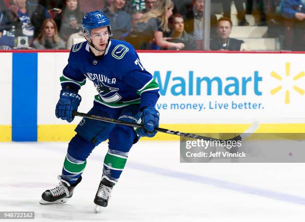 Nikolay Goldobin of the Vancouver Canucks skates up ice during their NHL game against the Arizona Coyotes at Rogers Arena April 5, 2018 in Vancouver,...