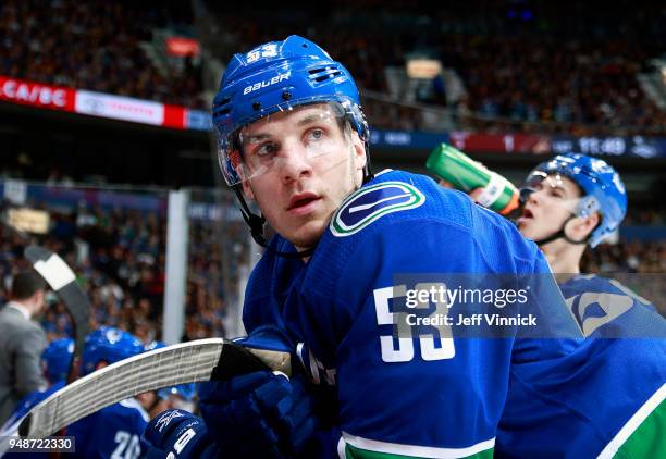 Bo Horvat of the Vancouver Canucks looks on from the bench during their NHL game against the Arizona Coyotes at Rogers Arena April 5, 2018 in...