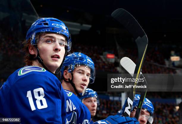 Jake Virtanen of the Vancouver Canucks looks on from the bench during their NHL game against the Arizona Coyotes at Rogers Arena April 5, 2018 in...