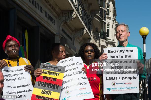 Human rights campaigner Peter Tatchell takes part in a protest outside the Commonwealth HQ in central London against discrimination and...