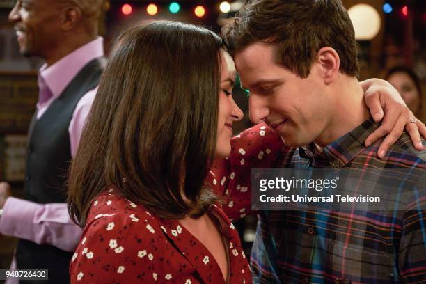 Bachelor/ette Party" Episode 519 -- Pictured: Melissa Fumero as Amy Santiago, Andy Samberg as Jake Peralta --