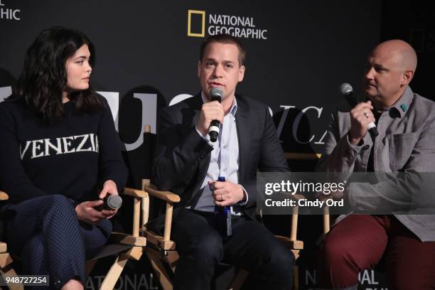 Samantha Colley, T.R. Knight and Chris Albert speak during the "Genius: Picasso" interactive experience at the Genius: Studio, an interactive...