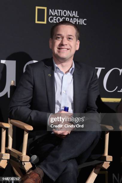 Actor T.R. Knight speaks during the "Genius: Picasso" interactive experience at the Genius: Studio, an interactive installation designed to inspire...